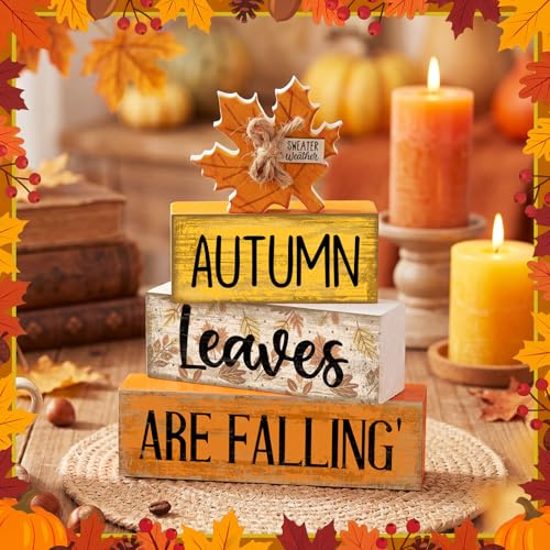Lineshading 4 Pcs Fall Decoration for Home Wooden Maple Leaf Thanksgiving Table Centerpiece Rustic Thanksgiving Tiered Tray Decor Decorative Autumn Leaves Block Sign Farmhouse Autumn Decor for Kitchen - style: Autumn Leaves