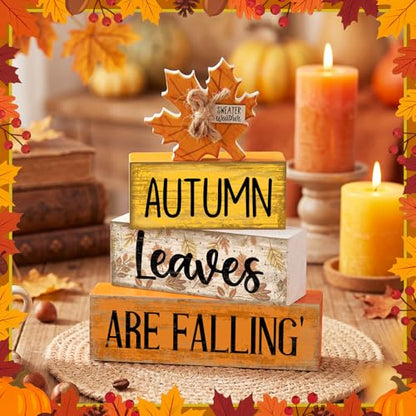 Lineshading 4 Pcs Fall Decoration for Home Wooden Maple Leaf Thanksgiving Table Centerpiece Rustic Thanksgiving Tiered Tray Decor Decorative Autumn Leaves Block Sign Farmhouse Autumn Decor for Kitchen - style: Autumn Leaves