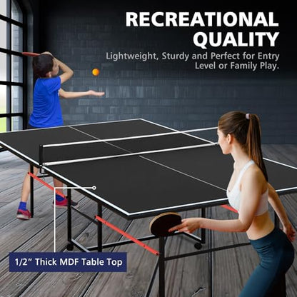 IUNNDS Portable Table Tennis Table 6/8/8.5/9FT Foldable Ping Pong Game Set for Indoor with Net and Post Set, 2 Paddles and 3 Balls - color: Black-9FT
