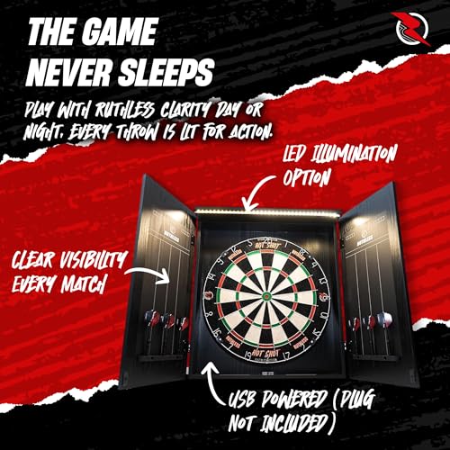 Ruthless Home Darts Centre with or Without LED Light Options | Home Dart Board Centre Including Cabinet, Dartboard and 2 Sets of Darts. - style: Black + LED Light
