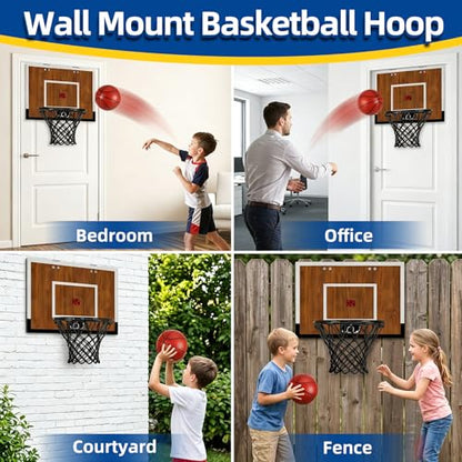 Indoor Mini Basketball Hoop Set – Over The Door with Wood Backboard & Iron Rim – Includes 2 Balls & Air Pump – Anti-Shock Padding – 16"x12"x3"