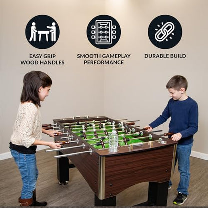Hathaway Primo 56-In Foosball Table for Family Game Room - With Counterbalanced Players, E-Z Spin Bearings, Analog Scoring Units, Easy-Grip Handles & Adjustable Leg Levelers - Wood Grain Finish