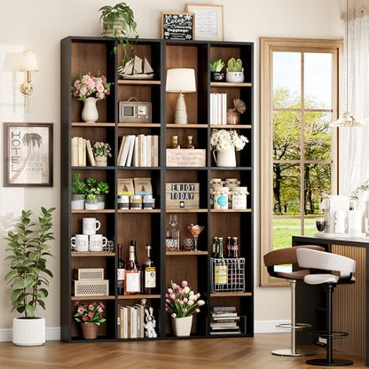 FOTOSOK 71'' Tall Bookshelf with 14 Cubes, 7 Tier Double Wide Wood Bookshelf with 6 Adjustable Shelves, 19.6" Narrow Bookcase DVD/CD Media Storage, Space Saving Display Shelf Cabinet, Black/Brown - color: Black/Brown