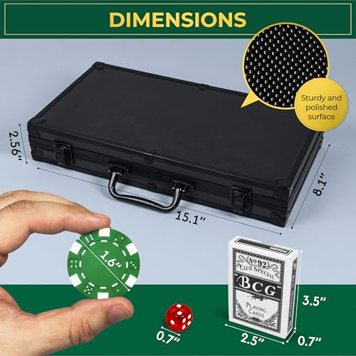 Queensell Poker Set with 300 Professional Weight Poker Chips for Texas Holdem – Poker Chip Set with Aluminum Carrying Case, Playing Cards, Dealer Buttons & Dice
