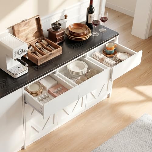 63" White Buffet Cabinet with Storage, Kitchen Sideboard with Folding Table | Modern Console Credenza with Drawers & Doors, Coffee Bar Cabinet for Dining Room, Entryway & Living Room