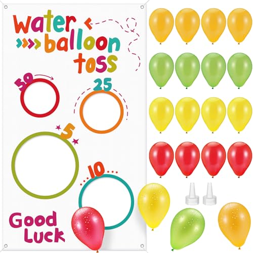 Mindsoft Water Toss Balloon Activity Set Include Toss Activity Banner, 50 Balloons, 2 Hose Nozzle Outdoor Shooter Target 4 Score Holes Water Ball Splashing Banner Swimming Pool Set for Summer Supplies