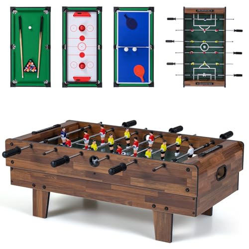 Goplus 4 in 1 Multi Game Table, Combination Game Table Set with Pool Billiards, Air Hockey, Foosball, Table Tennis, Stackable Combo Tabletops for Home, Play Room, Party Family Night - color: Dark Brown