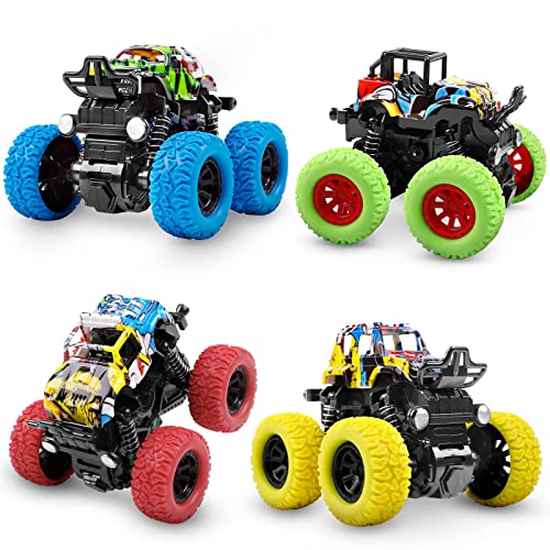 M SANMERSEN Monster Truck Toys for Kids, Friction Cars for Toddlers Push and Go 360° Rotating Stunt Car for 3+ Year Old Boys Girls Gifts (4 Pack - Blue/Green/Red/Yellow) - color: 4 Colors