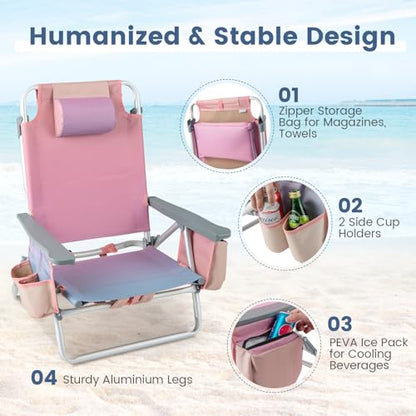 Tangkula Set of 2 Backpack Beach Chair, 5-Position Lay Flat Beach Chairs with Cooler Bag, 2 Cup Holders, Towel Bar, Lightweight Folding Beach Chair with Backpack Straps - color: Pink, style: 2 Pack