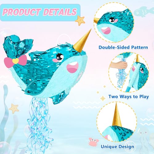 WERNNSAI Narwhal Piñata - Girl Narwhal Party Piñata Game Whale Ocean Themed Party Decor for Kids Under the Sea Classroom Decorations Summer Season Baby Shower Favors - style: Narwhal