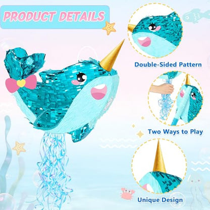 WERNNSAI Narwhal Piñata - Girl Narwhal Party Piñata Game Whale Ocean Themed Party Decor for Kids Under the Sea Classroom Decorations Summer Season Baby Shower Favors - style: Narwhal