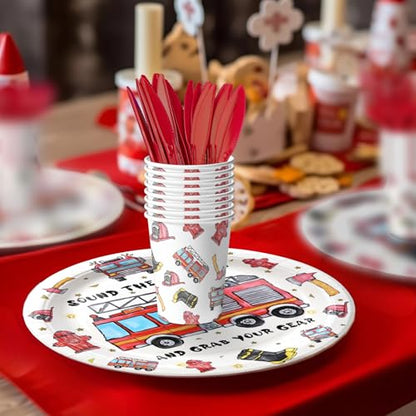 Firetruck Theme Birthday Party Tableware Set with Plates, Napkins, and Forks - style: Firetruck