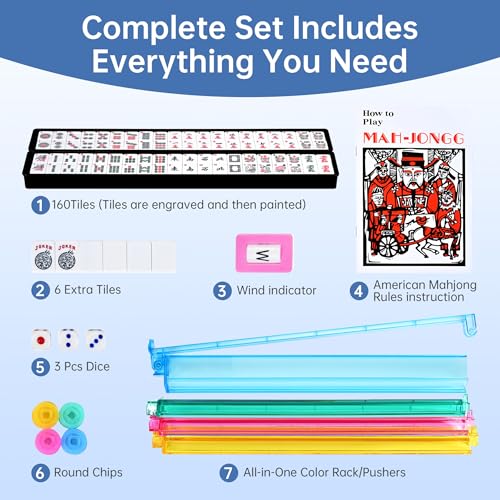American Mahjong Tile Set Include 166 Tiles 4 All-in-One Mahjong Racks/Pushers with Blue Carrying Bag Complete Mahjong Game Set - color: Blue Pattern