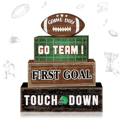 Britimes 4 Pcs Game Day Football Tiered Tray Decorations Set Touchdown Stack Block Signs Go Team First Goal Rustic Tabletop Decor for Table & Home Office (Game Day)