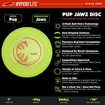 Hyperflite Pup Jawz Puncture Resistant Dog Flying Disc, Small Dogs | Puncture Resistant, Competition Approved | 7-inch, 90g | Small Dogs | Glow - color: Glow