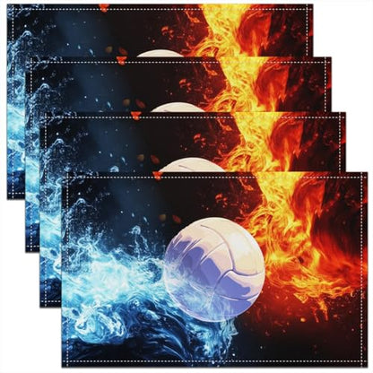 Erosebridal Volleyball Placemats Set of 4 12x18 Ice Fire Place Mat for Kids Teens Men Ball Games Lightning Sports White Blue Red Heat Resisting Table Mats - color: White Blue Red