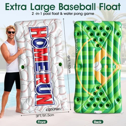 Baseball Pool Float & Inflatable beer Pong Table - 6ft Heavy Duty Reversible Ballpark Lounge for Adults, Complete Game Set for Pool Party, Lake & Backyard BBQ, Includes Balls, Cups, Pump, Stakes & Bag - color: Baseball