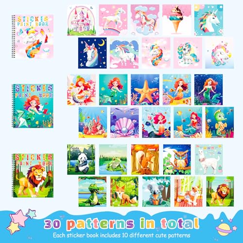 homicozy 3PCS Paint by Sticker Books for Kids Ages 4-10 – Unicorn Mermaid Animal Sticker by Number Kit, 30 Pictures, Mess-Free Travel Road Trip Art & Craft Activity – Birthday Gift for Girls 4-10 - style: Style1-3PCS
