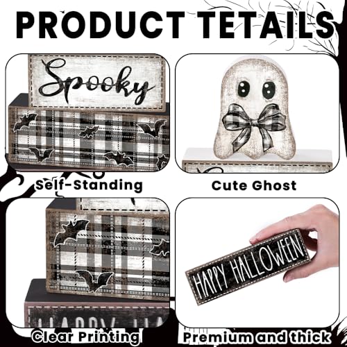 DIYDEC 4Pcs Halloween Table Decoration Happy Halloween Wooden Block Sign Ghost Rustic Tiered Tray Decor Centerpiece Sign for Farmhouse Holiday Tabletop Coffee Fireplace Shelf Desk Party Decor - style: Ghost