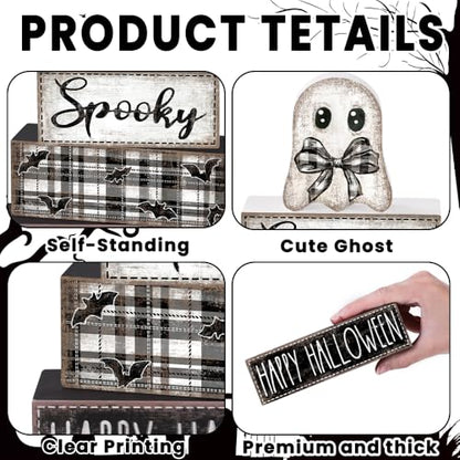 DIYDEC 4Pcs Halloween Table Decoration Happy Halloween Wooden Block Sign Ghost Rustic Tiered Tray Decor Centerpiece Sign for Farmhouse Holiday Tabletop Coffee Fireplace Shelf Desk Party Decor - style: Ghost