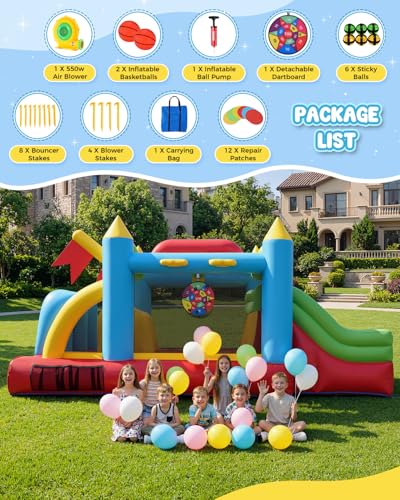 Whubefy Bounce House for Kids 3-6 Big Kids 8-12, 15.3 X 9ft Inflatable Obstacle Course with Dual Tunnels/Double Slides/Two Climbing Walls/Two Boxing Ball Obstacles/Basketball Hoops/Removable Dartboard - style: 550W Blower