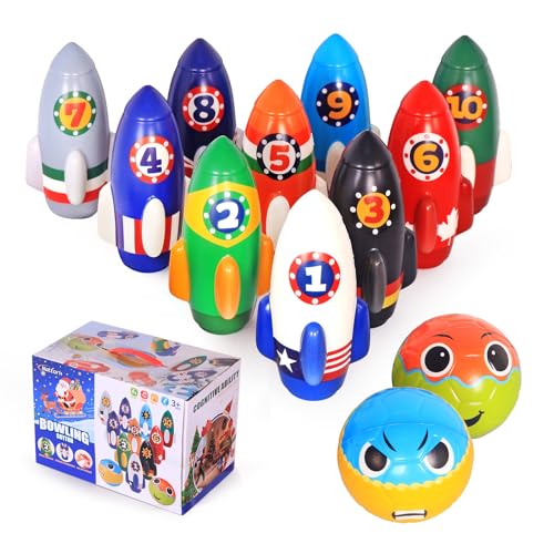 Nattork Rocket Kids Bowling Set - Toddler Bowling Game Indoor Outdoor with 10 Foam Pins 2 Balls, Educational Games Set for Age 4-5,5-12 Kids Birthday Gift