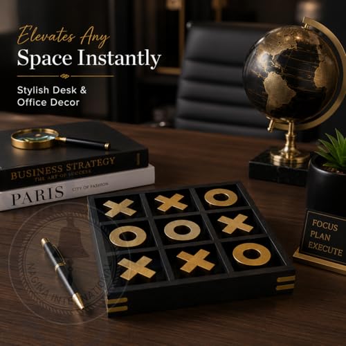 10" Large Elegant Premium Black Tic Tac Toe Board Game | Wooden Puzzle Game | Coffee Table Wooden Decor & Games | Lightweight Gold Plated Pieces