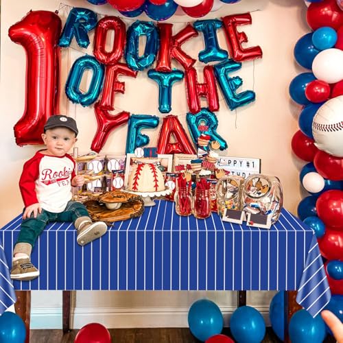 4 Pcs Plastic Baseball Tablecloths, Rectangle Blue Stripe Party Table Cloth for Baseball Game Day Sports Theme Party Supplies, 51 x 86 Inches - color: White on Blue