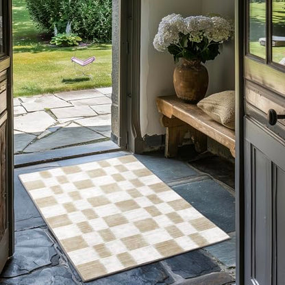 EVERGRACE Checkered Plaid Area Rug 2x3, Soft Fuzzy Faux Wool Rugs Washable Anti Slip Rugs Small Rug Carpet for Entryway Bedroom Living Room Hallway Kitchen Dining Room and Laundry Room, Beige - color: Beige, size: 2' x 3' (Rectangular)