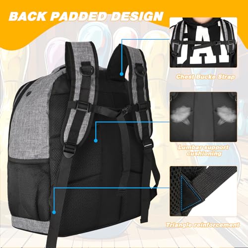 Goloni 2 Ball Bowling Backpack,Bowling Ball Bag with Shoe Compartment & Portective Foam Padded, Fits Shoes Up to US Size 16 - color: Grey