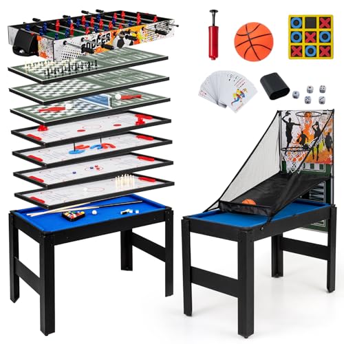 GYMAX Multi Game Table 48", 14 in 1 Combo Game Table w/Basketball, Billiards, Foosball, Ping Pong, Hockey, Shuffleboard, Bowling, Chess, Checkers, Backgammon, Tic Tac Toe for Game Room, Family Night