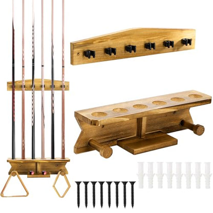 Pumtus Wall Mount Pool Stick Holder, Wood Billiard Cue Rack for 6 Cues Storage & 2 Ball Racks, Sturdy Hanging Pool Cue Rack, Pool Table Accessories Equipment Organizer for Game Room, Bar