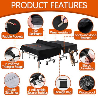 600D Ping Pong Cover Heavy Duty Table Tennis Cover Waterproof Outdoor & Indoor with Paddle Pocket Windproof Buckle Fits Universal 9x5 FT Tables Folding & Flat Tables,Black,65''Lx28''Wx73''H - color: Black