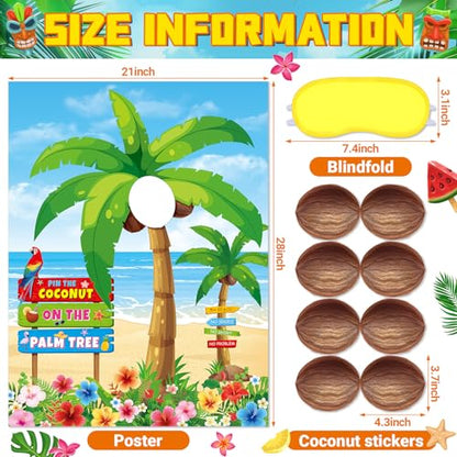 Faccito Hawaiian Party Game Luau Games Summer Tropical Pin The Sunglasses on Pineapple Pin The Coconut on Palm Tree with 24 Pcs Stickers for Tiki Summer Beach Hawaii Luau Party Supplies(Coconut) - style: Palm
