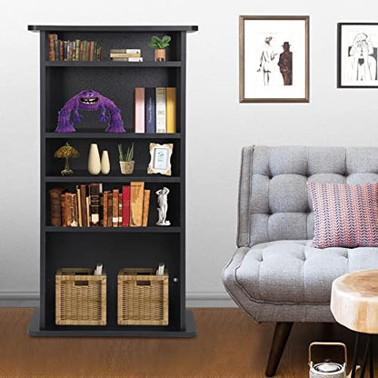 5 Shelf Bookcase 5 Tier Wooden Multimedia Storage Media Cabinet DVD Rack, Adjustable Shelves Organize a Mix of Media Storage Furniture 240 CDs DVDs or 132 Blue Ray Video Games Books