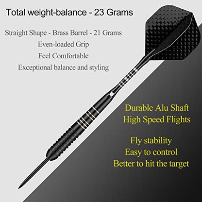 Steel Tip Darts Set for Dartboard, Professional Brass Darts Metal Tip Black Purple Aluminium Nylon Shafts 9 Flights 50 Rubber O-Rings 12 Spring Rings 1 Dart Sharpener Tool 24/27 Grams - color: 23g Black