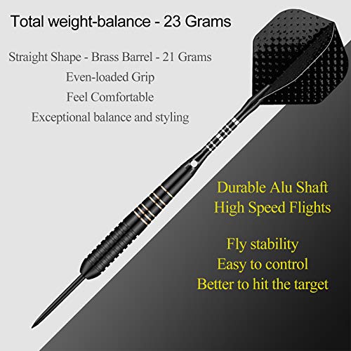 Steel Tip Darts Set for Dartboard, Professional Brass Darts Metal Tip Black Purple Aluminium Nylon Shafts 9 Flights 50 Rubber O-Rings 12 Spring Rings 1 Dart Sharpener Tool 24/27 Grams - color: 23g Black