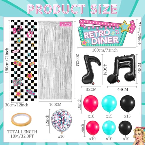 Peryiter 87 Pcs 50's Retro Diner Party Decorations Set Checkerboard Backdrop Banner Fringe Curtain Balloon Arch Kit with Music Note Toppers 1950s Rock Roll Supplies for Birthday Sock Hop Party - style: 50's
