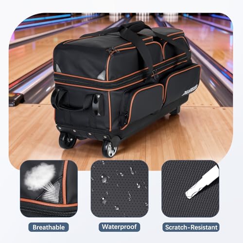 3 Ball Bowling Bags with Wheels, Bowling Bags 3 Ball Roller - 900D Oxford Waterproof PU, Bowling Bag with Multi-Separate Storage Pockets & Retractable Handle Extends to 40'' - color: Black