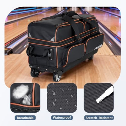 3 Ball Bowling Bags with Wheels, Bowling Bags 3 Ball Roller - 900D Oxford Waterproof PU, Bowling Bag with Multi-Separate Storage Pockets & Retractable Handle Extends to 40'' - color: Black