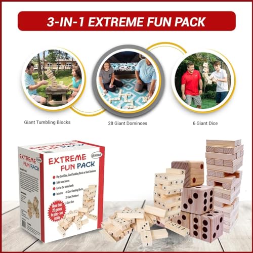 Bolaball Giant Wooden Dice Set & Extreme Fun Pack | Outdoor Games Bundle with 20+ Games, Durable Hardwood, Easy Storage Bag, Tumbling Blocks, Dominoes, Giant Dice | Perfect for BBQ, Beach, Family Fun