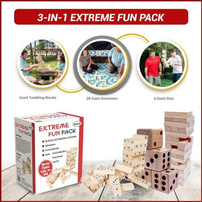 Bolaball Extreme Fun Pack: Giant Tumbling Blocks, Dominoes, Dice | 3-in-1 Giant Board Games: Tic Tac Toe, Jumbo Checkers, Reversible Rug | Outdoor Family Games for Adults, Kids, Parties