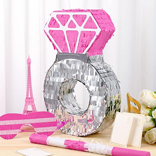 Deekin Pink Diamond Ring Piñata for Engagement Princess Piñata Bridal Bachelorette Party Supplies Wedding Theme Decoration with Blindfold and Stick, 15 x 10 x 3 Inches - style: Pink Diamond Ring