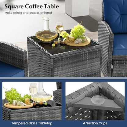 Tangkula 5 Pieces Patio Conversation Set, PE Wicker Rattan Outdoor Furniture Set with 2 Chairs, 2 Ottomans & Tempered Glass Coffee Table, Ideal for Poolside, Backyard, Lawn, Deck, Mix Grey & Navy - color: Mix Grey & Navy
