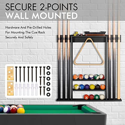 XCSOURCE Pool Cue Rack Only, Pool Stick Holder Wall Mount, 6 Pool Billiard Stick + Ball Set Wall Cue Rack, Made of 100% Solid Pine Wood, Compact Billiard Table Accessories for Man Cave - color: Black- 6 Pool