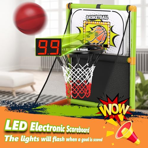 Arcade Basketball Game Set with Electronic Scoreboard&LED Light: Boy Toys Basketball Hoop Indoor Outdoor with 4 Balls & Air Pump Sports Carnival Games Christmas Birthday Gifts for Kids 3-12 Years Old - style: Green Scoring Basketball Hoop