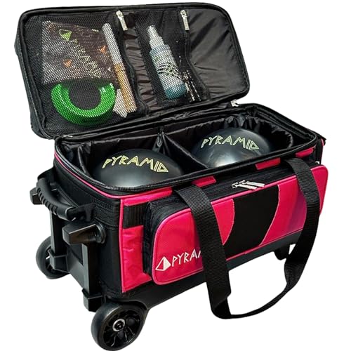 Pyramid Deluxe Double Roller 2 Ball Bowling Bag with Large Separate Shoe Compartment (Up To 2 Pairs Of Shoes) and Accessory Pockets, Sturdy Square Handle - Extends to 40" - Pro Options Available - color: Pro Black/Hot Pink