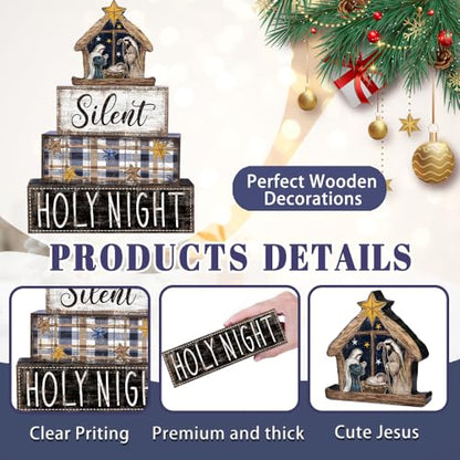 DIYDEC 4Pcs Christmas Table Decoration Christmas Jesus Wooden Block Sign Xmas Tiered Tray Decor Winter Centerpiece Decorative Sign for Holiday Tabletop Coffee Fireplace Shelf Desk Party Decor - style: Blue Jesus