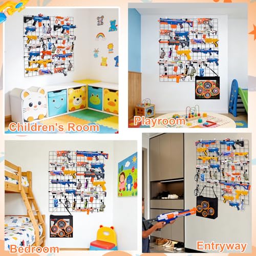 Wall Mount Toy Gun Storage Organizer,Organizer for Toy Guns with Shooting Practice Target Toys Storage Bag and Hooks,Toys Gun Holder Gun Rack for Foam Blasters Guns Accessories Game Room