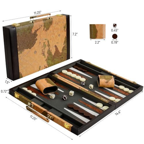 Backgammon, Backgammon Sets for Adults, 15" Leather Travel Backgammon Sets - Classic Board Game (World Map Design) - color: Map